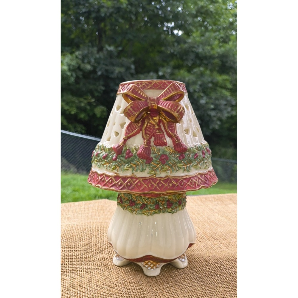 Ceramic Christmas Tea Light Table Lamp Candle Holder Holly &‎ Berries 3D Red Bow